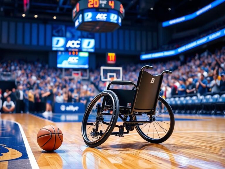 Flick International Empty wheelchair positioned by the sideline during ACC tournament game after Duke star Cooper Flagg's injury