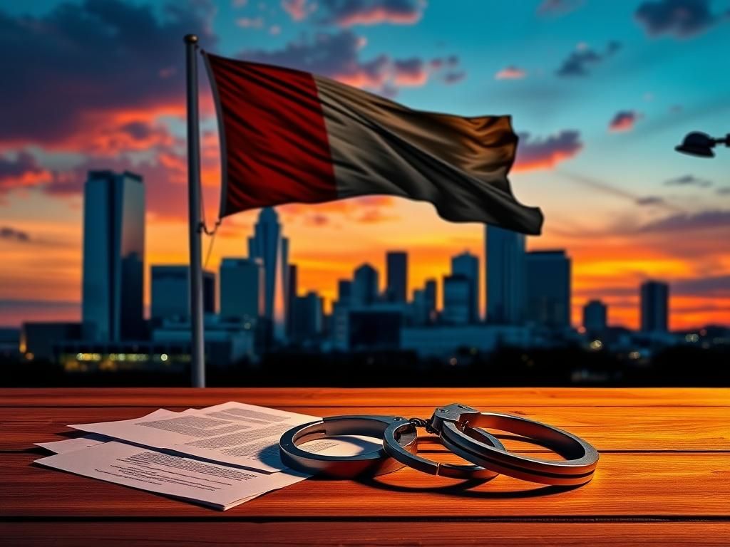 Flick International Stylized Dallas skyline with Texas flag and legal documents symbolizing sanctuary city policies