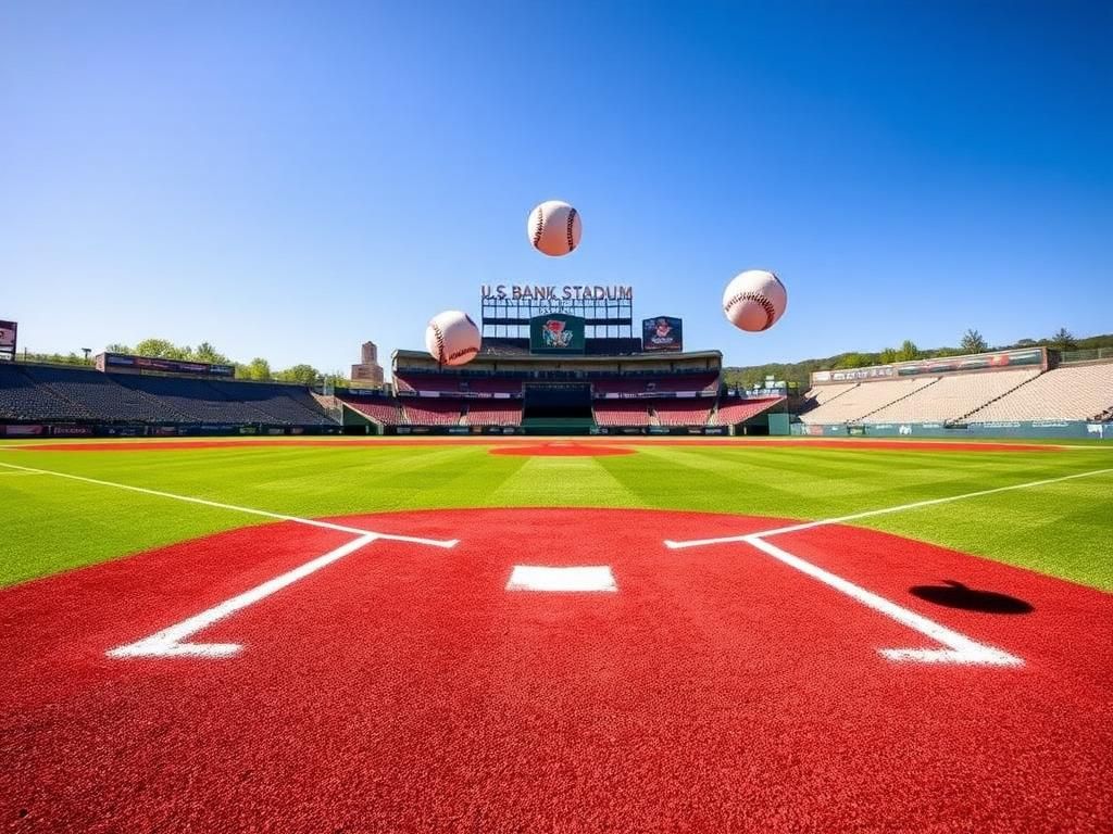 Flick International Five baseballs soaring through the air during a Kansas Jayhawks game at U.S. Bank Stadium