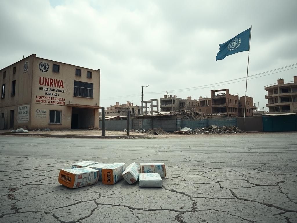 Flick International Abandoned humanitarian supplies in front of a damaged UNRWA building in Gaza