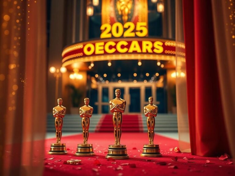 Flick International Elegant display of five golden Oscar statuettes at the Dolby Theatre during the 2025 Oscars