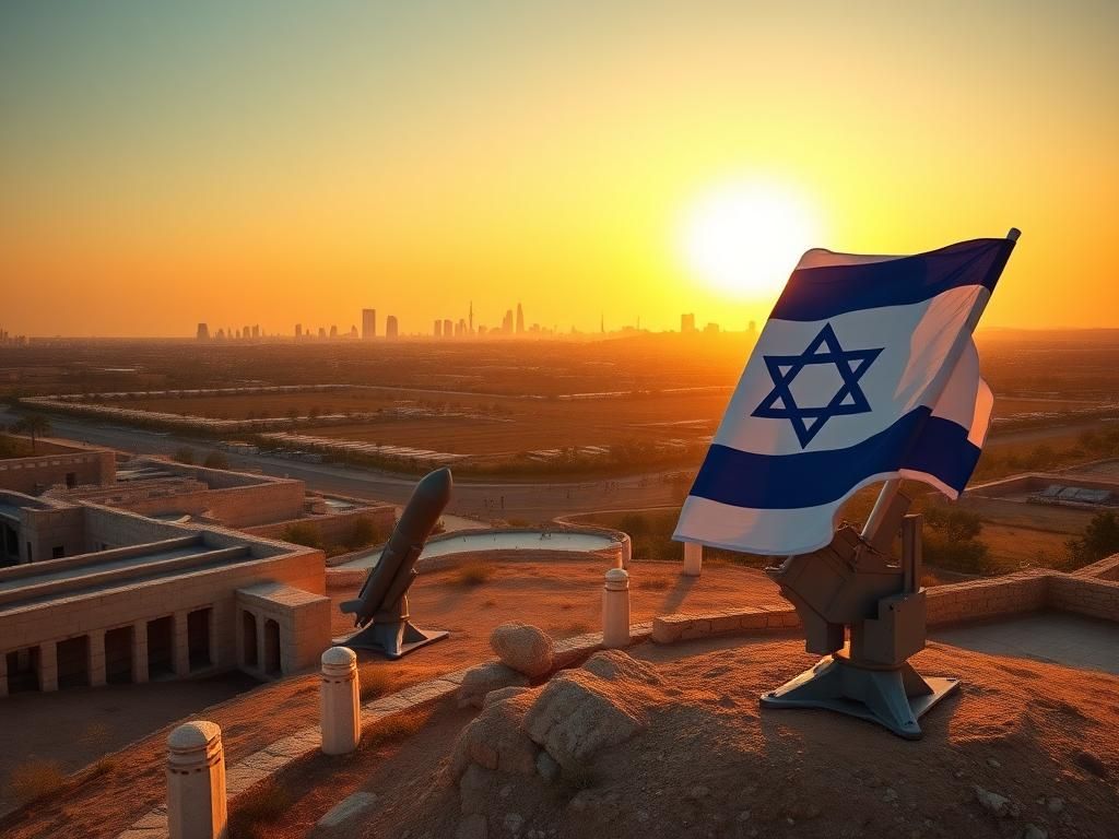 Flick International Panoramic view of the Israeli landscape with Tel Aviv skyline and military symbolism