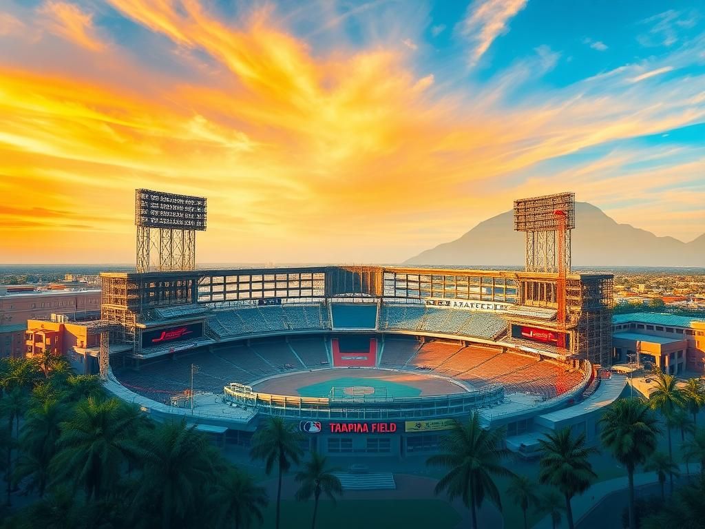 Flick International Aerial view of a baseball stadium under renovation with construction equipment and palm trees in the foreground