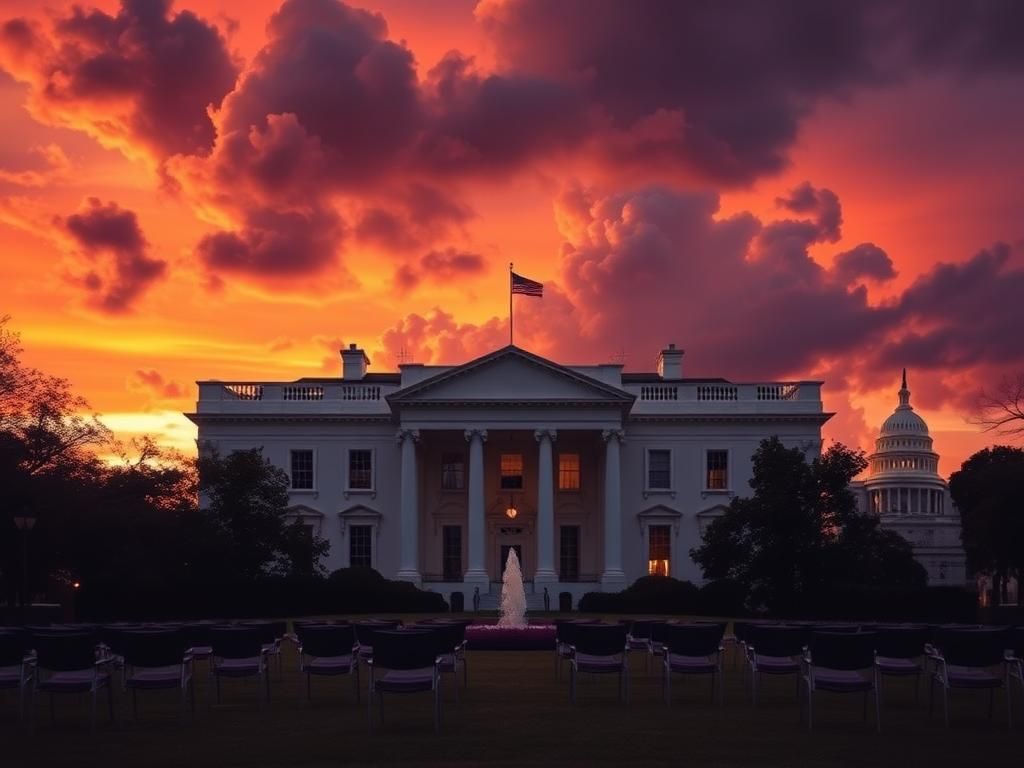 Flick International Dramatic sunset view of the White House with ominous clouds