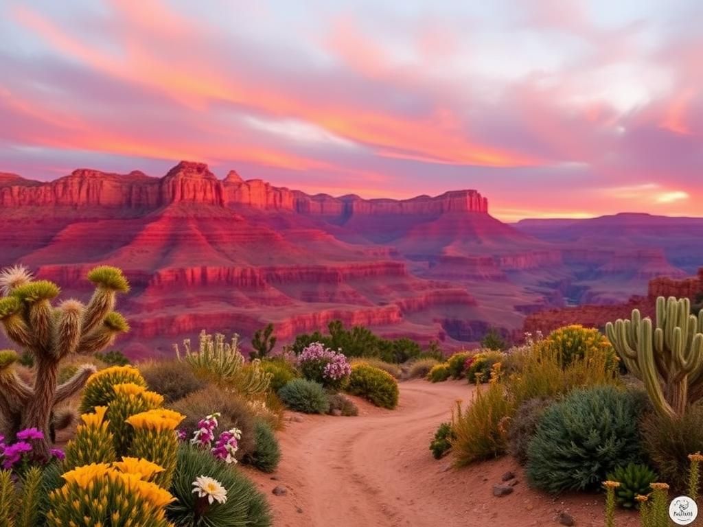 Flick International Serene desert landscape at sunset with the Grand Canyon in the background