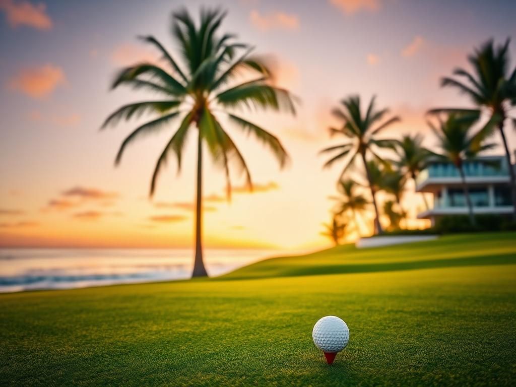 Flick International Luxurious coastal golf course at sunset with a golf ball on a tee, representing Tiger Woods' golfing legacy