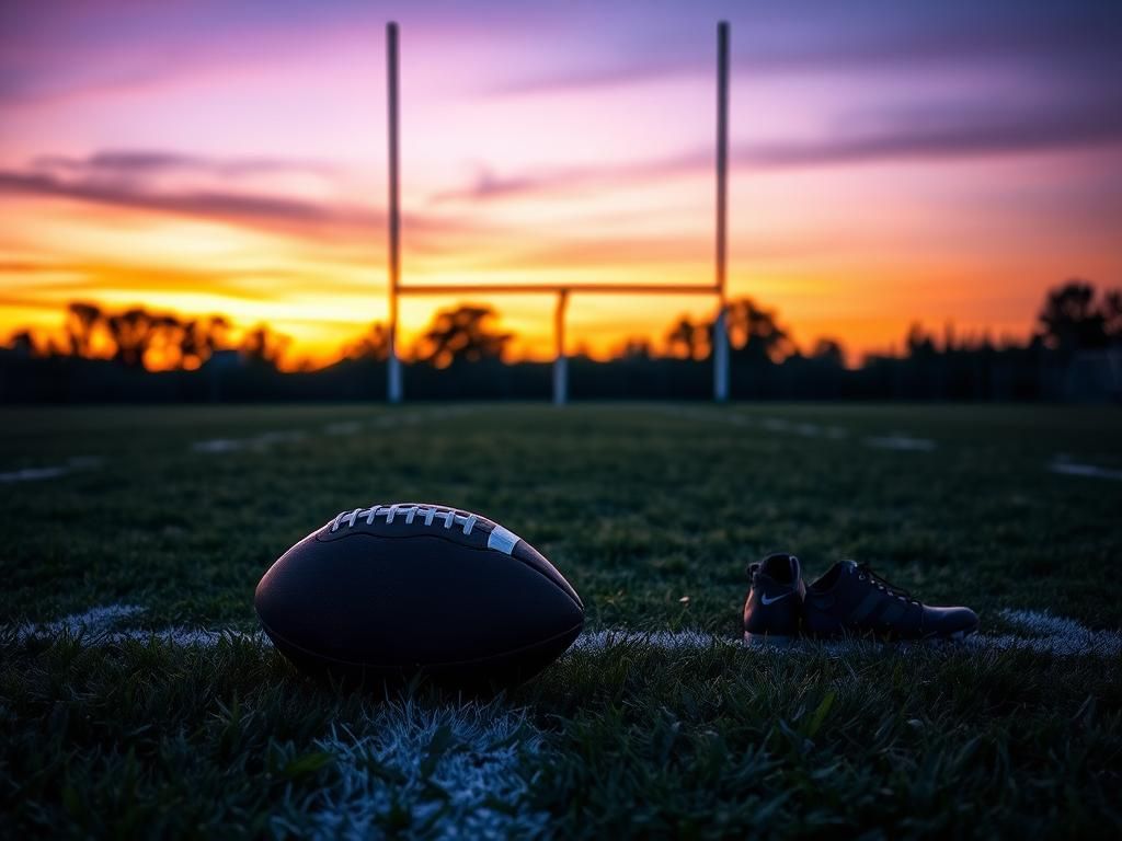 Flick International A worn football on a football field at dusk symbolizing change