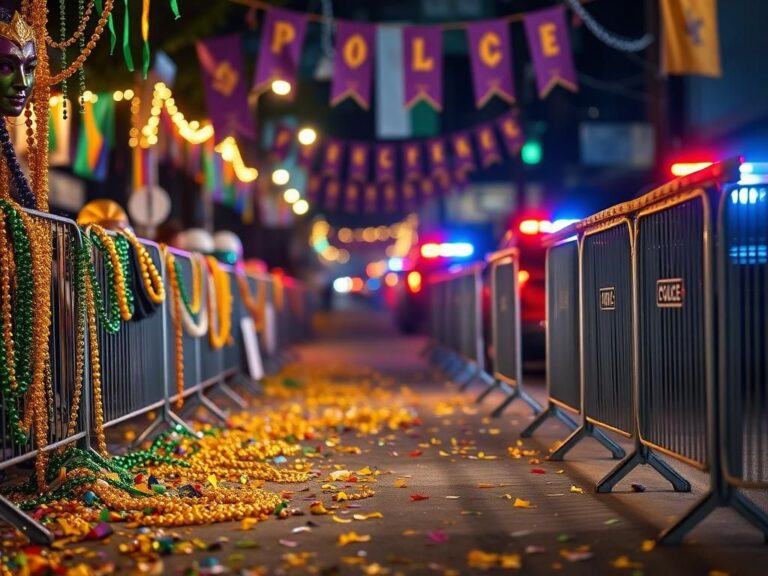 Flick International A vibrant Mardi Gras parade scene in Franklinton, Louisiana, with police presence due to a recent shooting incident.