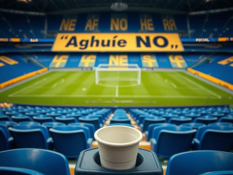 Flick International Close-up view of a soccer stadium section with vibrant blue and gold seats and an anti-discrimination banner