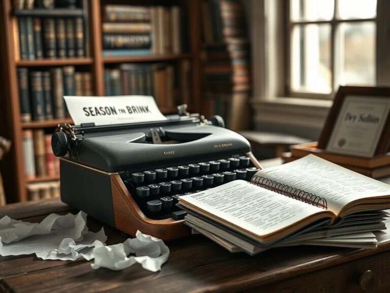 Flick International A close-up of an unfinished sports typewriter on a rustic wooden desk surrounded by crumpled papers and an open notebook.