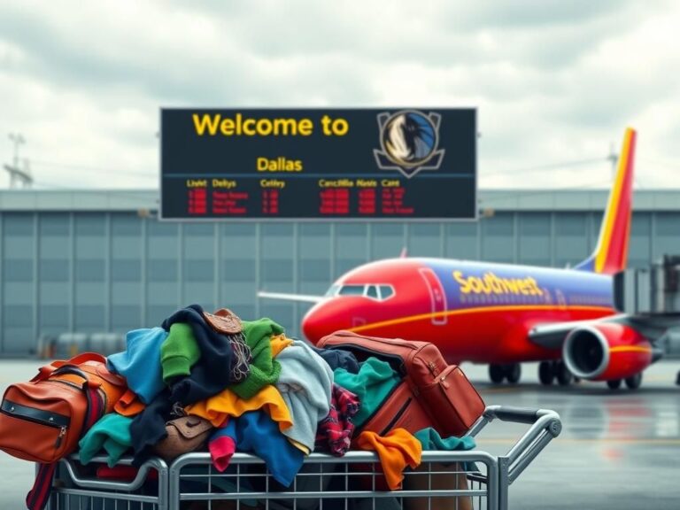 Flick International A Southwest Airlines plane at the gate with colorful abandoned luggage symbolizing baggage fee controversy