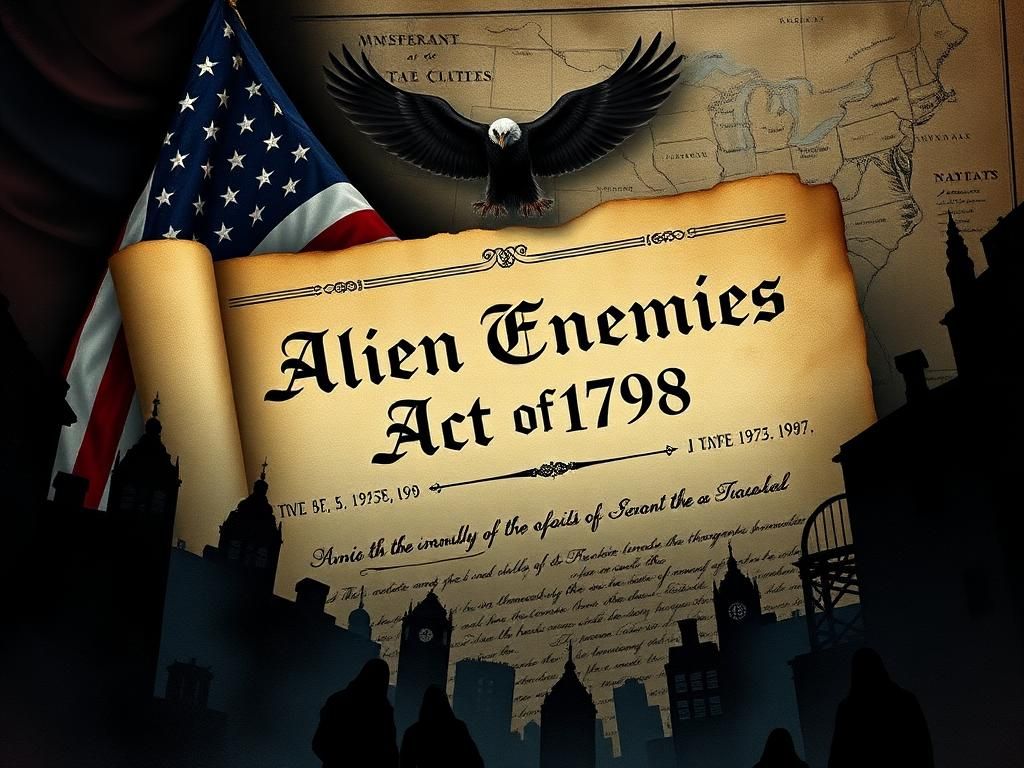 Flick International Historical parchment document depicting the Alien Enemies Act of 1798 against symbols of America