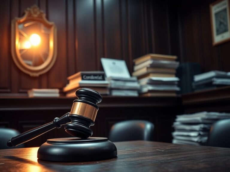 Flick International A gavel resting on a judge's bench in a dramatic courtroom scene