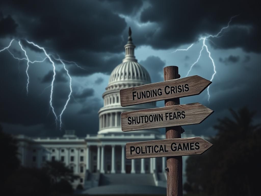 Flick International Dark clouds and lightning above a government building metaphorizing political turmoil