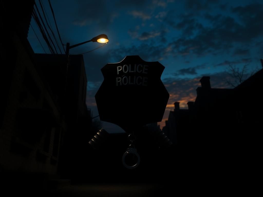 Flick International Darkened urban environment at twilight with police badge silhouette