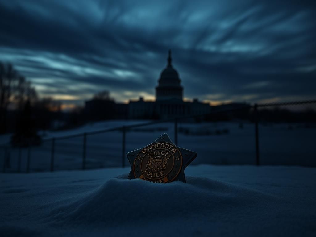 Flick International Darkened Minnesota landscape at twilight with a vintage police badge partially buried in snow