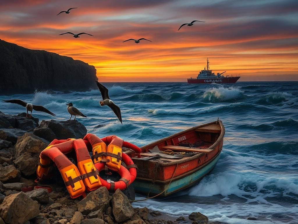 Flick International Abandoned life jackets and a distressed boat on the California coastline at dawn