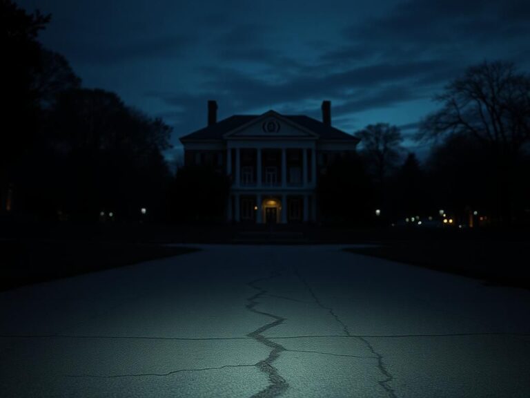 Flick International Dimly lit fraternity house at dusk with Sigma Chi and Delta Upsilon emblems