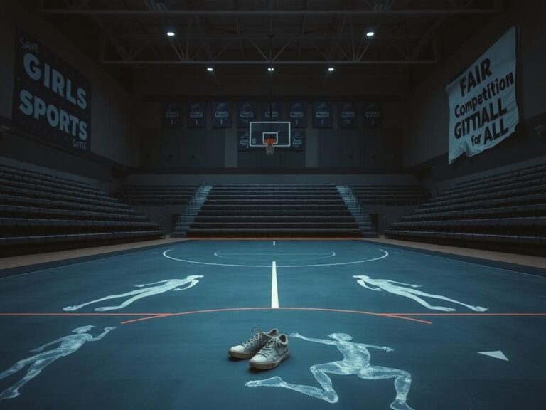 Flick International Empty high school gymnasium featuring chalk outlines of athletes and abandoned female athletic shoes