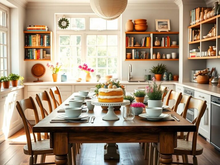 Flick International Bright kitchen scene with wooden dining table and elegant tableware