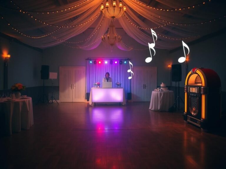 Flick International Dimly lit wedding reception hall with empty dance floor and DJ booth