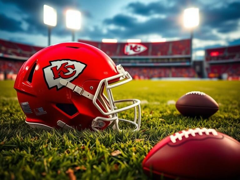 Flick International Kansas City Chiefs helmet on grass with Arrowhead Stadium in the background