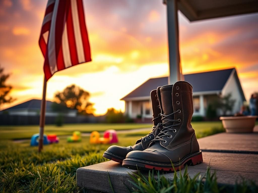 Flick International American flag fluttering beside work boots on a front porch, symbolizing pride and hard work