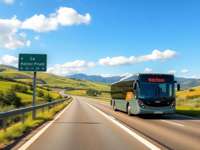 Flick International Modern intercity bus traveling through a scenic landscape with rolling hills and greenery