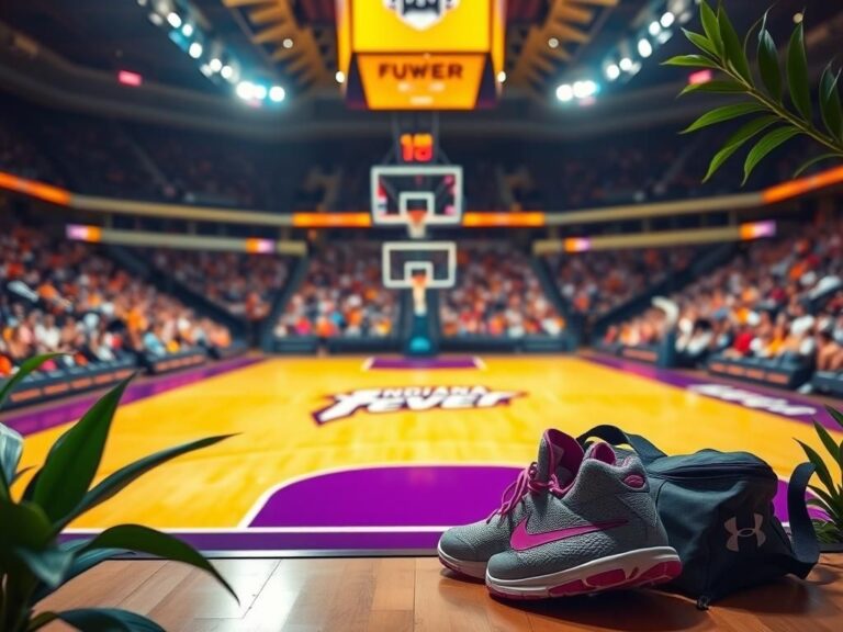 Flick International A vibrant basketball court with Indiana Fever logo, sneakers, and a gym bag