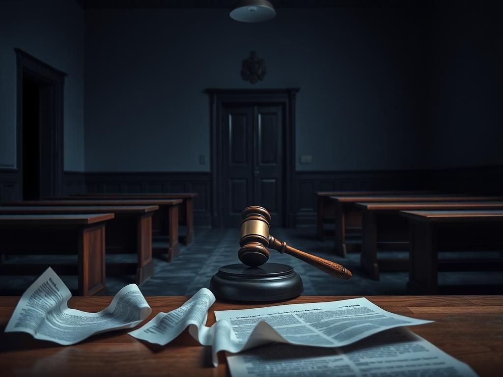 Flick International Empty courtroom with judge's gavel, symbolizing justice