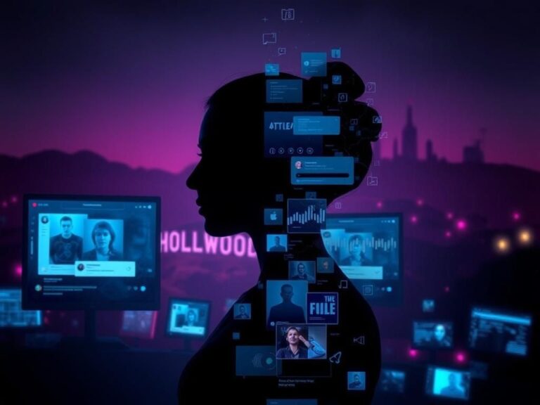 Flick International A dark, abstract representation of artificial intelligence threatening personal identity with a fragmented silhouette of an actress surrounded by digital screens