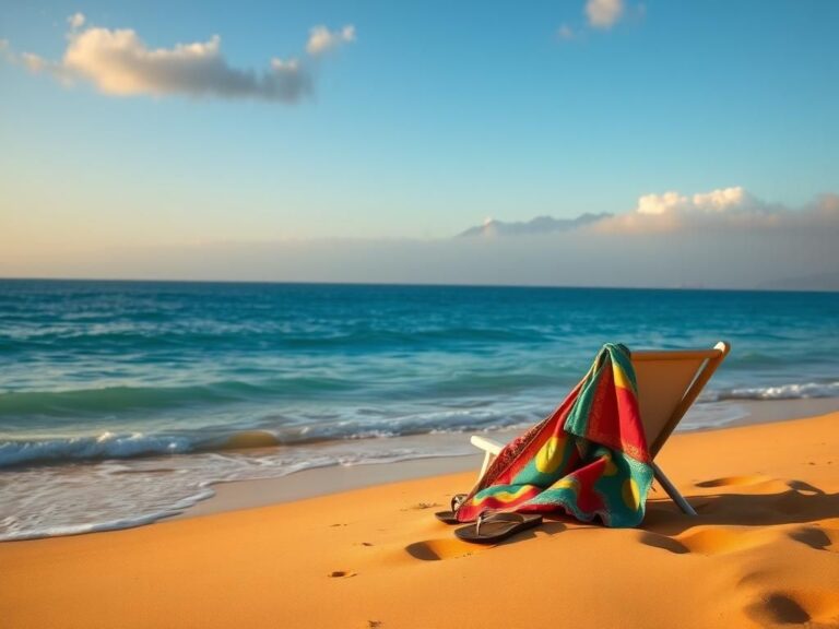 Flick International A serene beach scene at dawn with sandals and a colorful sarong-style gown left on a beach chair