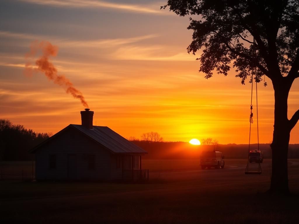 Flick International A serene rural landscape with a silhouetted house and a firetruck in the background during a dramatic sunset