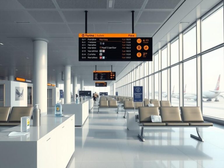 Flick International A tranquil airport terminal with a digital information board displaying health and safety warnings