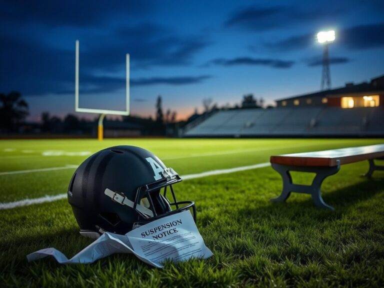 Flick International A high school football field with goalposts and bleachers at dusk, featuring a football helmet and a suspension notice on the ground