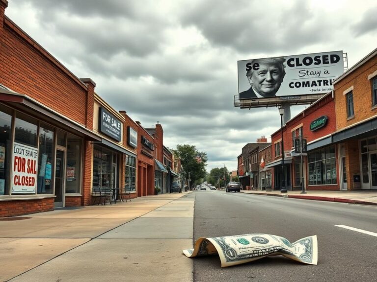 Flick International Empty storefronts with 'For Sale' and 'Closed' signs in a small American town