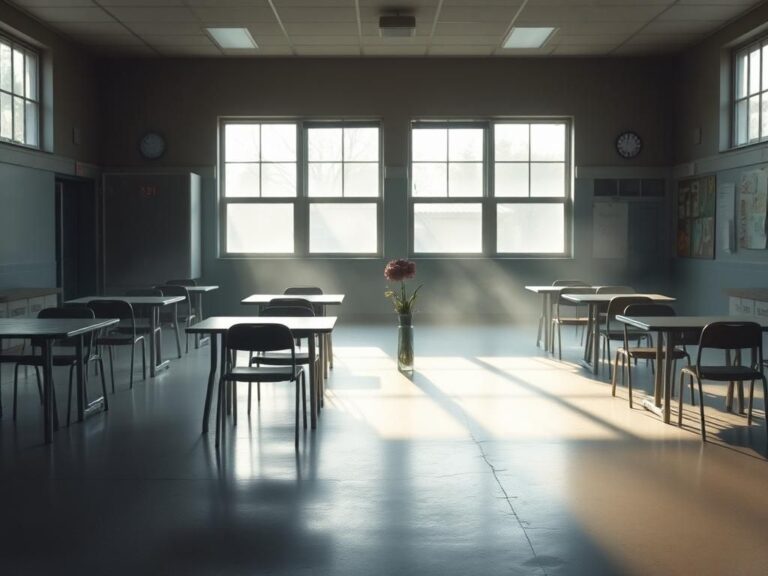 Flick International Somber school cafeteria setting evoking memories of the Columbine tragedy