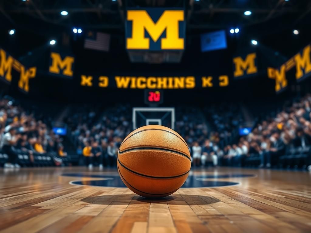 Flick International A basketball on a hardwood floor in a Michigan Wolverines court, reflecting the intensity of Big Ten games