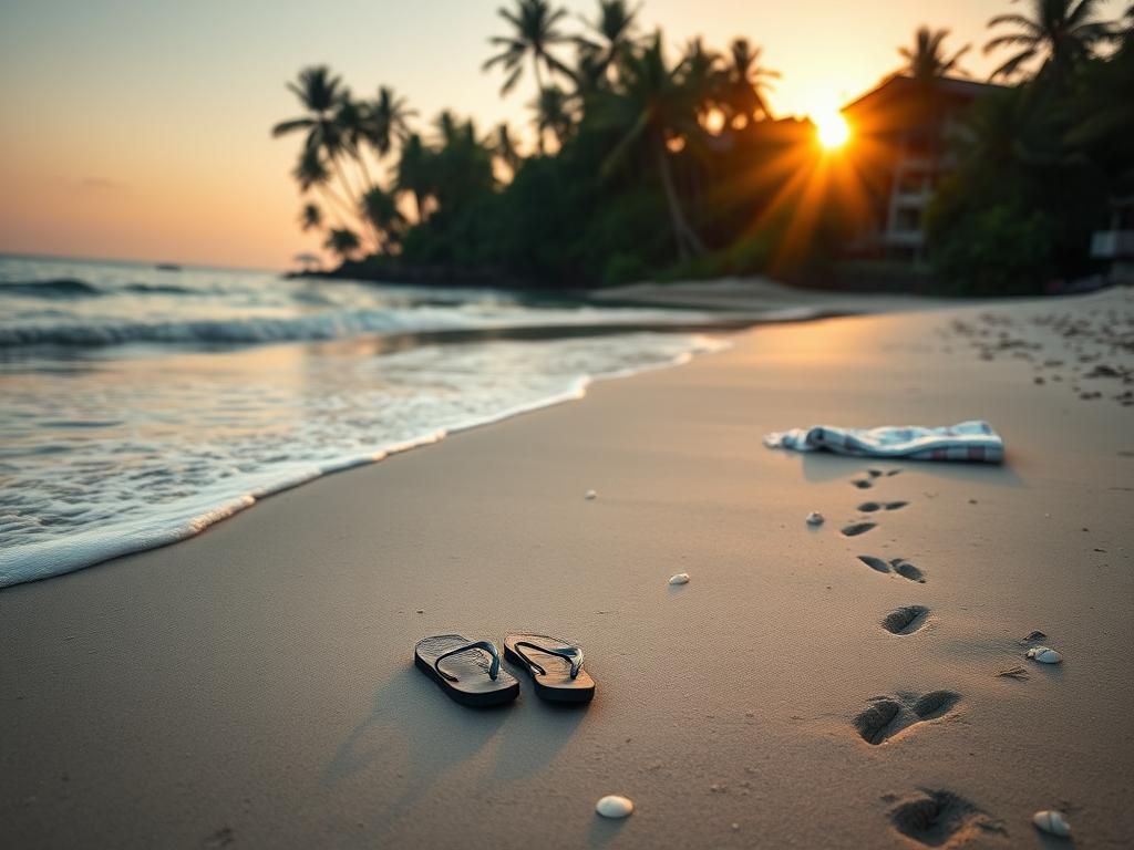 Flick International A serene beach scene at dawn with flip-flops and a towel suggesting the sudden absence of a beachgoer