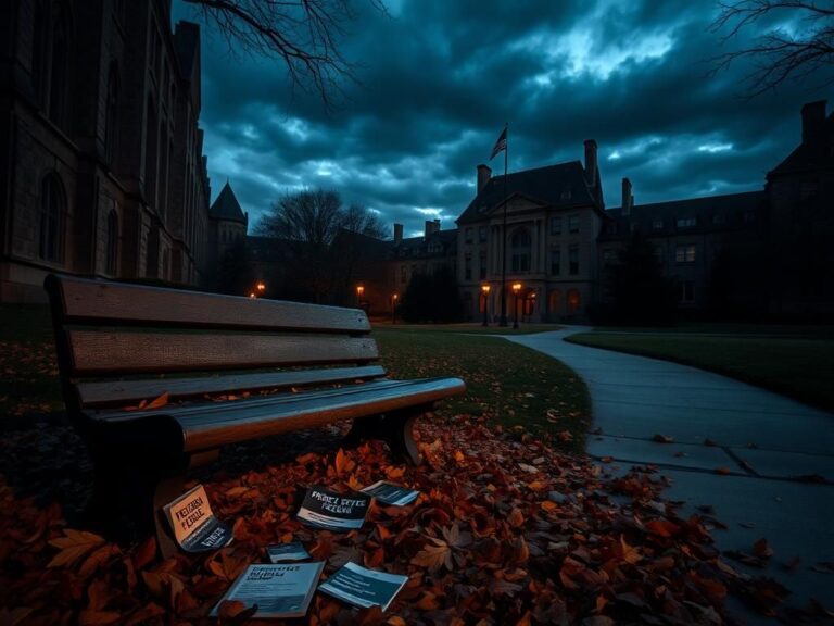 Flick International Darkened university campus at dusk with empty wooden bench and scattered protest leaflets