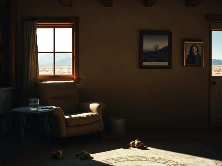 Flick International A cozy living room in a rustic New Mexico home reflecting themes of loss.