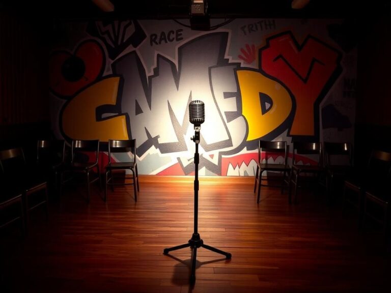 Flick International Vintage microphone on stage in dimly lit comedy club surrounded by colorful graffiti mural