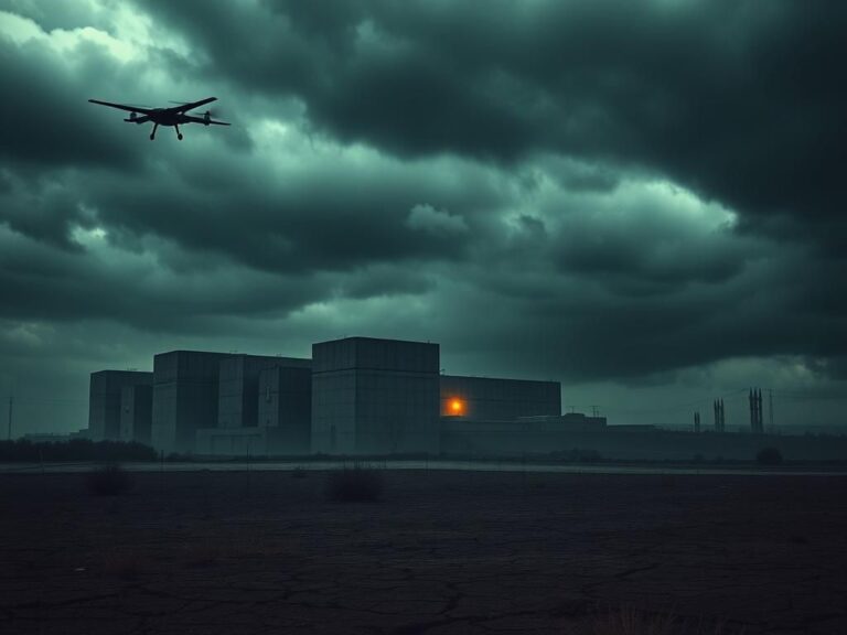 Flick International Dramatic landscape of a nuclear facility in Iran under ominous clouds