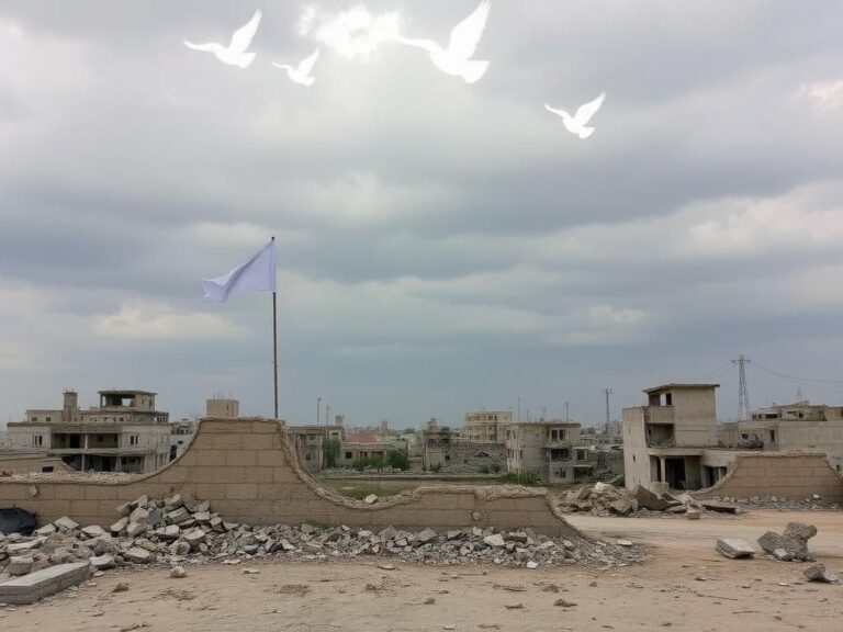 Flick International Empty urban landscape in Gaza with a white flag symbolizing hope