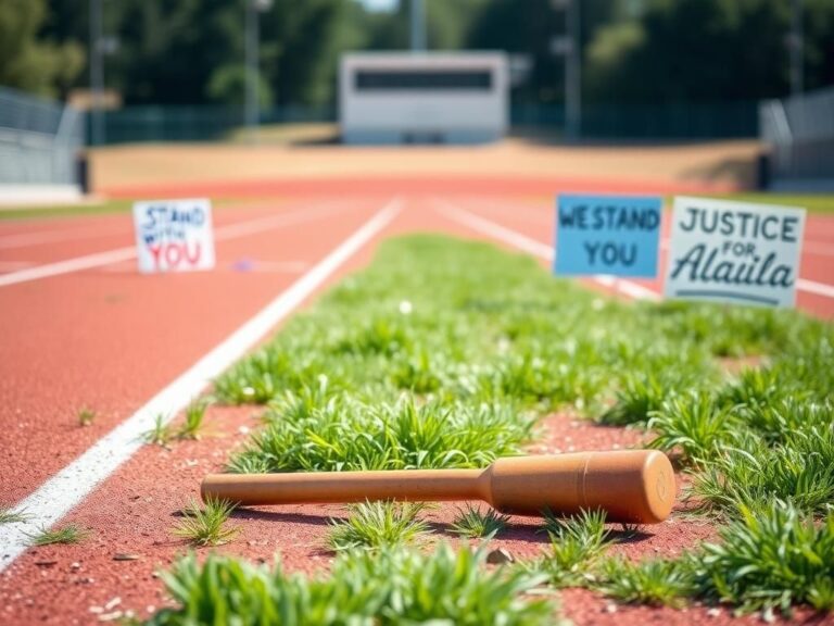 Flick International Abandoned baton on a bright track field symbolizing support for Alaila Everett