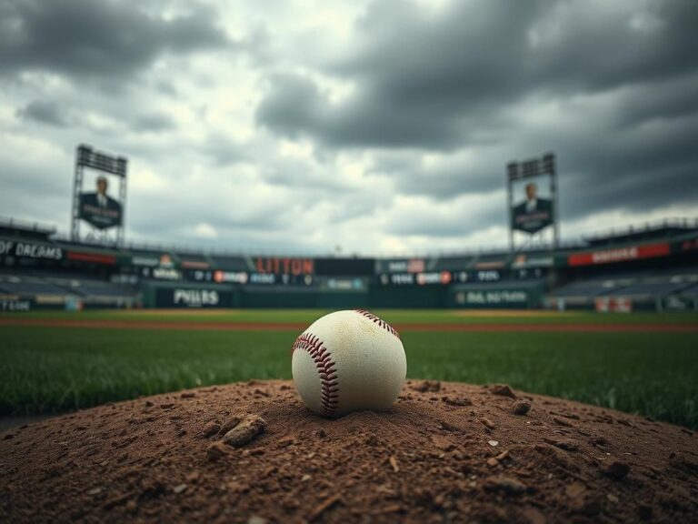 Flick International A weathered baseball on the pitcher's mound of a closed baseball stadium