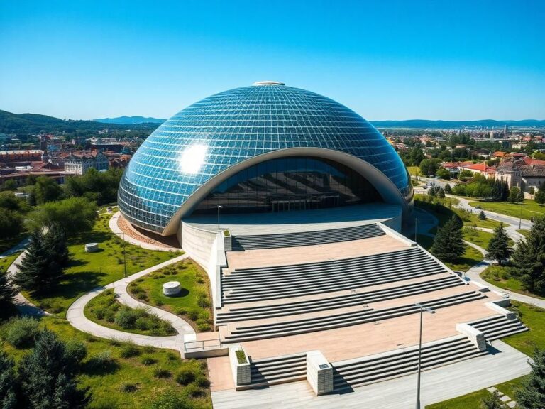 Flick International Aerial view of a modern opera house in Priština, Kosovo, with solar-panel-covered bell-shaped roof