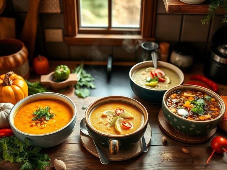 Flick International A cozy kitchen scene featuring three vibrant bowls of soup with fresh ingredients.