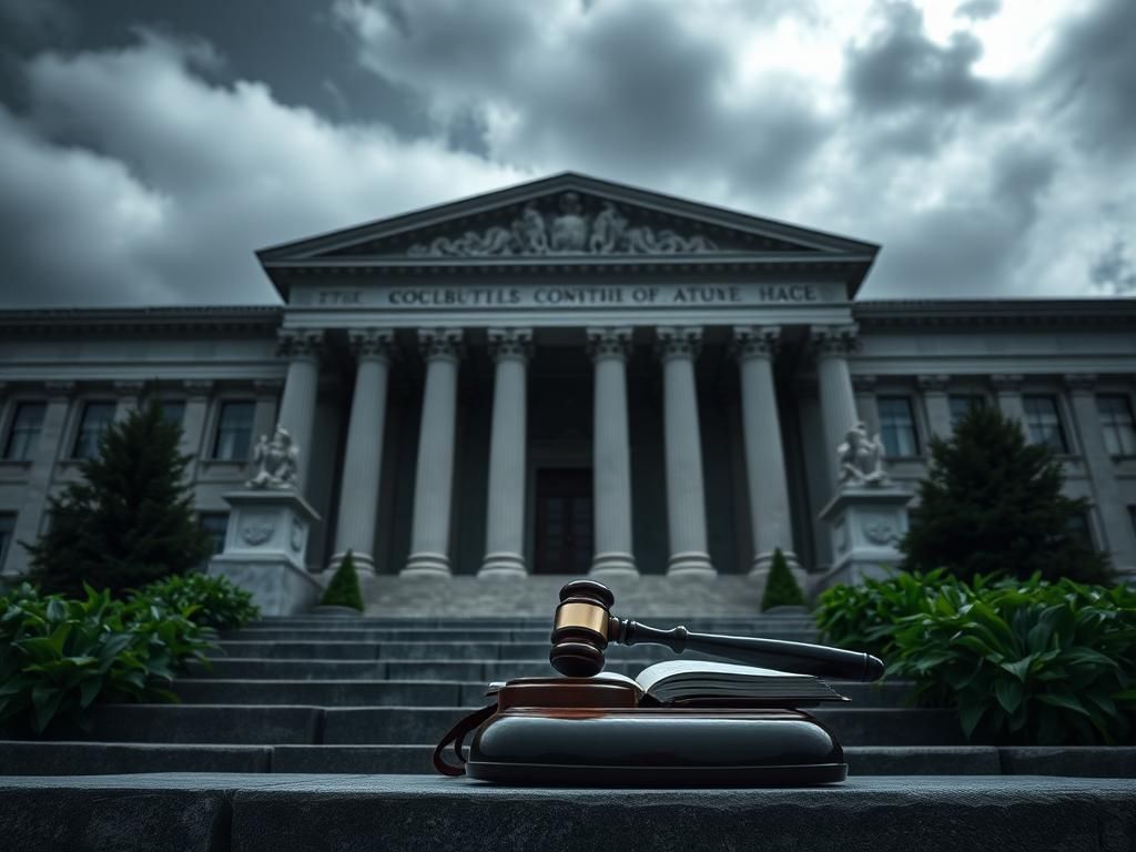 Flick International Courthouse exterior with dark clouds symbolizing legal battles over the FACE Act