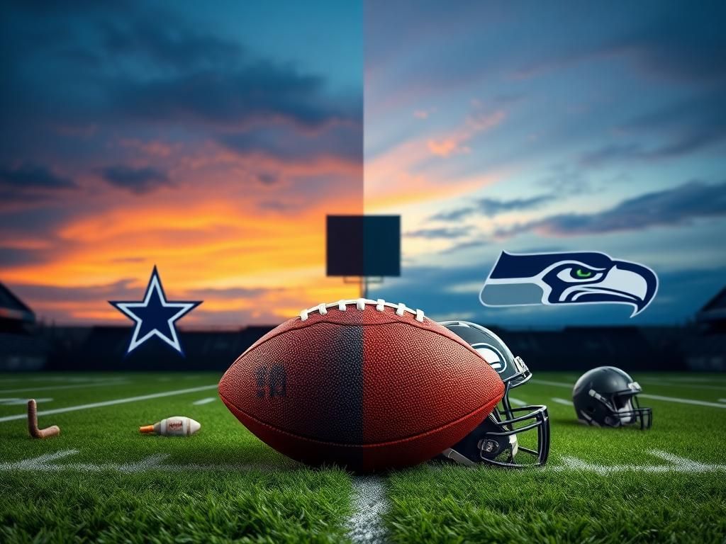 Flick International Split scene of a football field at dusk with Dallas Cowboys and Seattle Seahawks colors